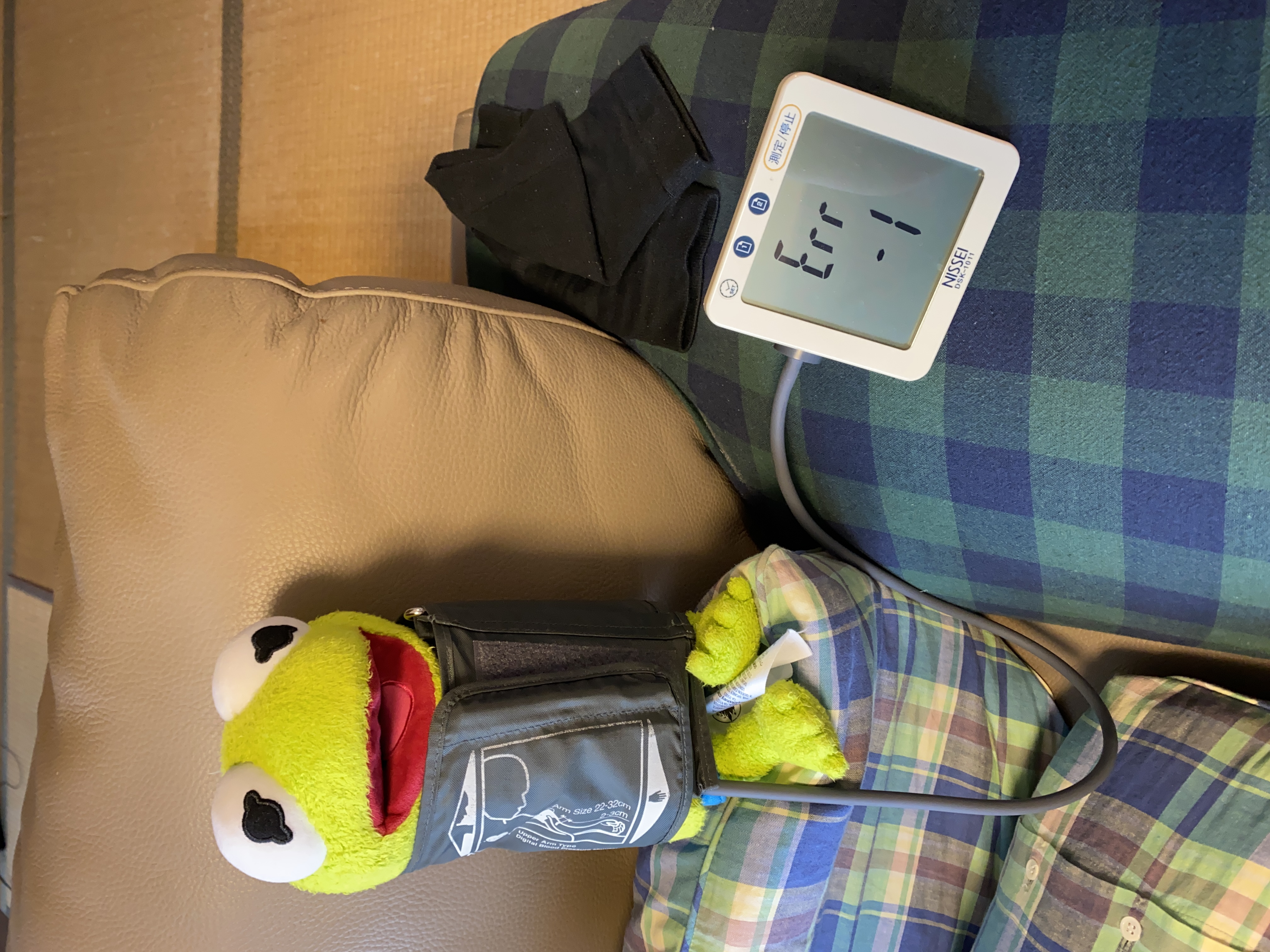 Kermit wrapped in the sleeve of a blood pressure measuring machine. The screen on the machine says 'Error'.