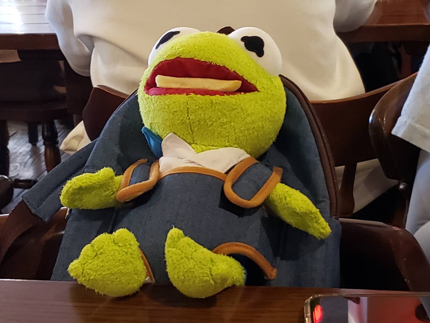 Kermit sitting in his backpack with his feet on the table. A french frye is in his mouth.