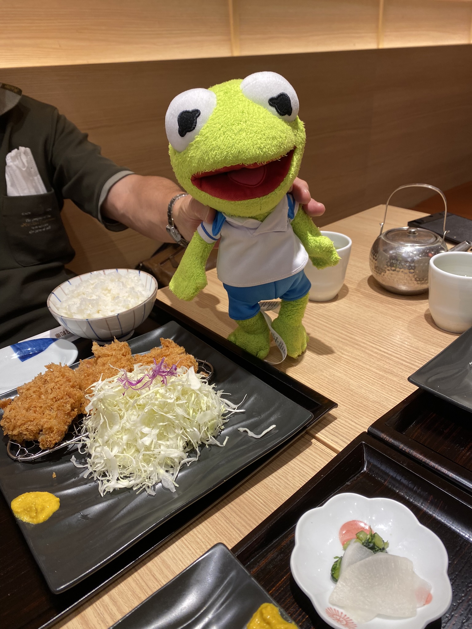 Kermit posing next to Tonkotsu (fried pork).