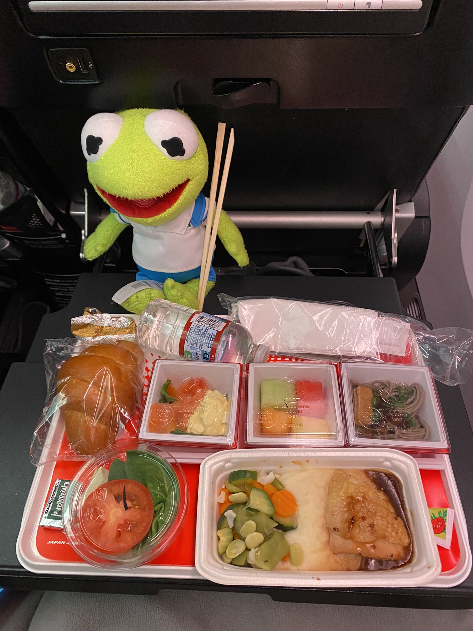 Kermit sitting on the tray table inside a plane next to a tray of food. The great selection of vibrant fruits and vegetables are very organized on the tray.