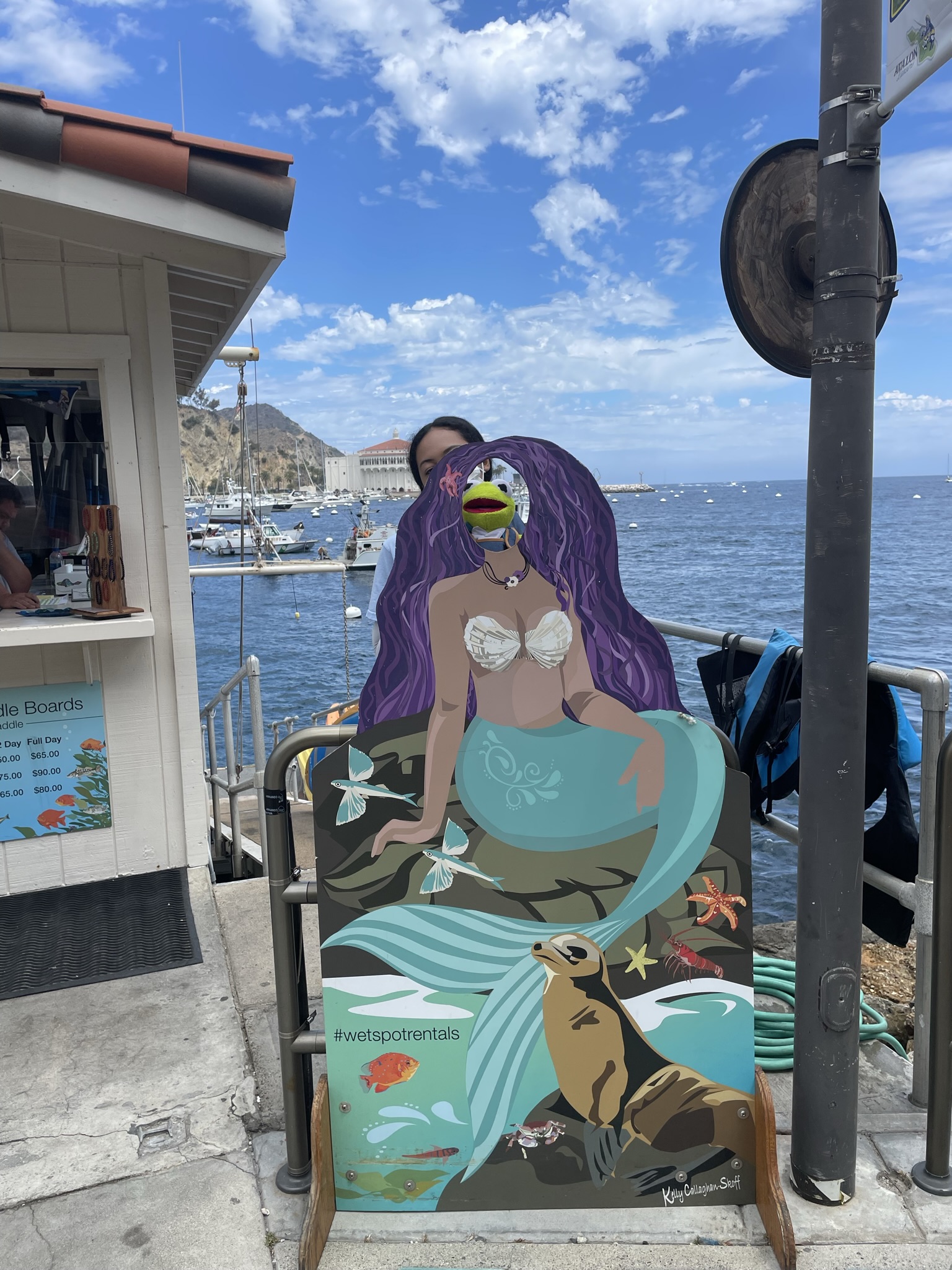 Kermit poking his head out of the hole of a cardboard cutout of a mermaid. The sea water and mountains of Catalina Island are shown in the back.