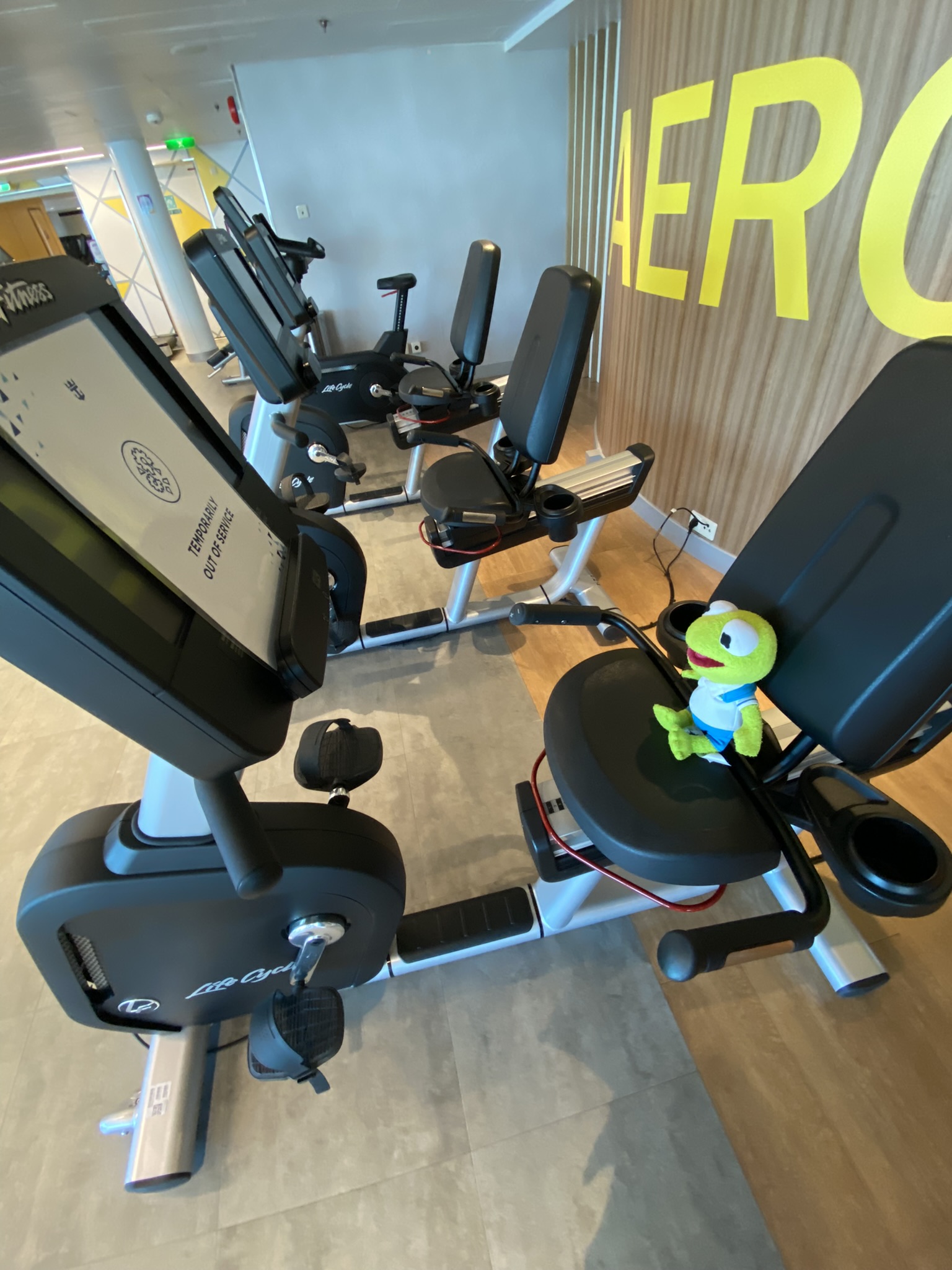 Kermit sitting in a complicated-looking workout machine at the gym.