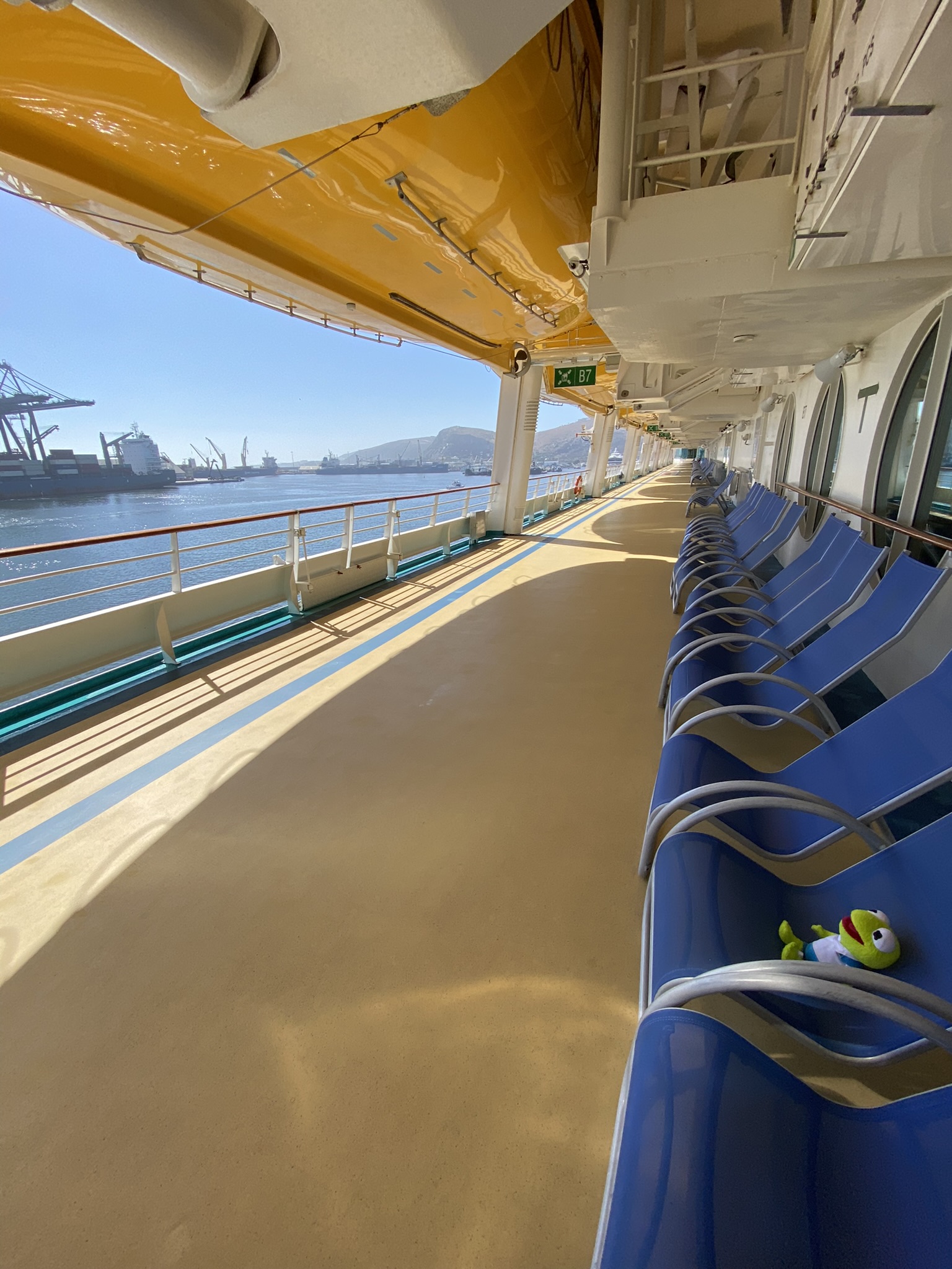 Kermit sitting in a blue lounge chair facing the ocean. The floor has light brown, wooden planks and the sky is a clear blue.